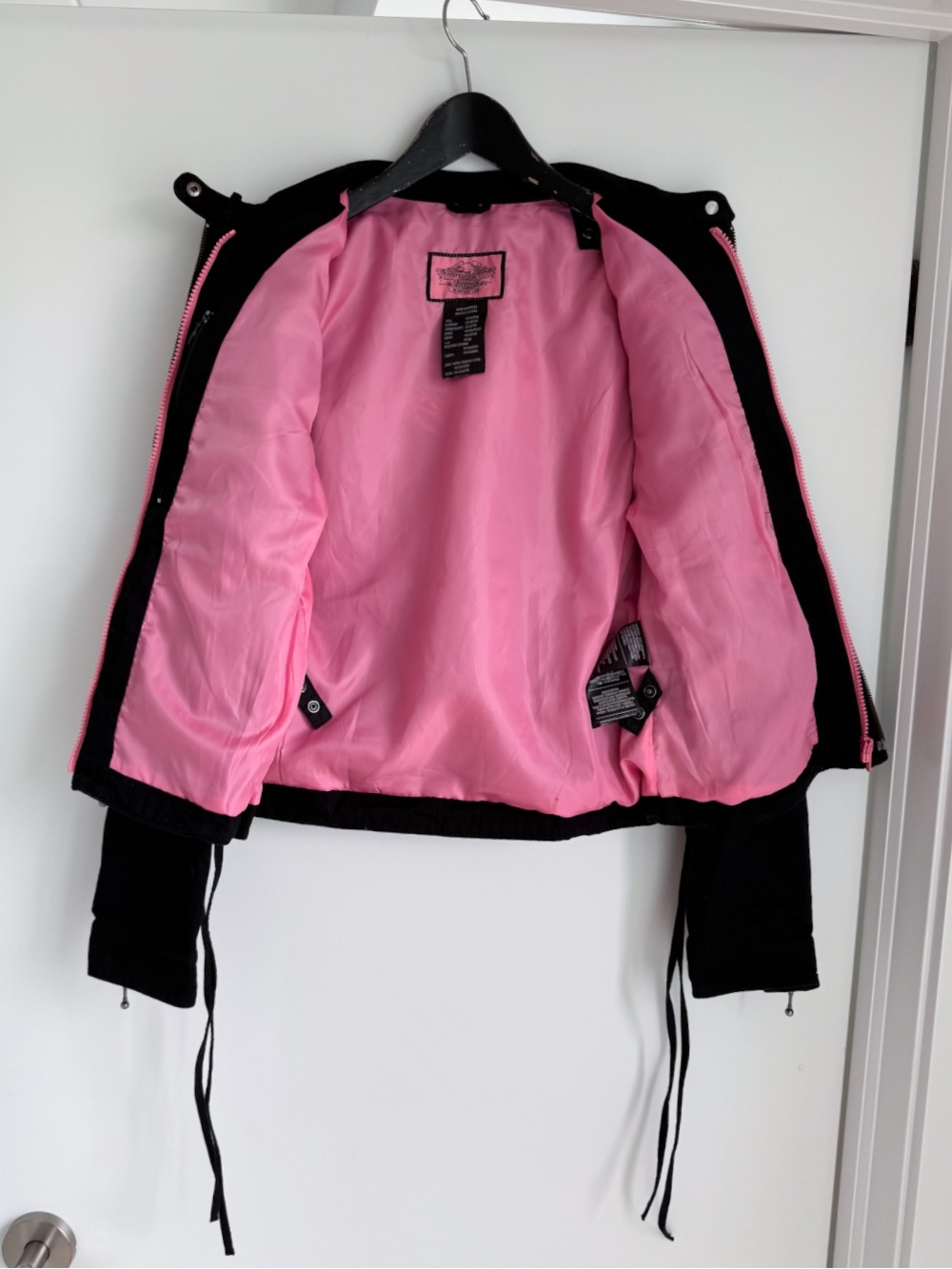 Harley-Davidson Black Cotton Side Lace Up Moto Jacket Pink Script Logo S - Picture 8 of 16